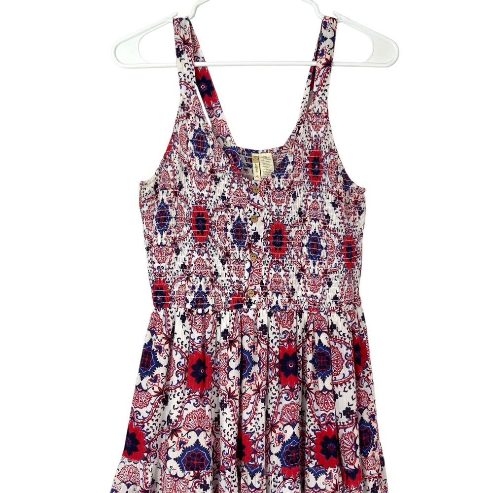 Japna Red Blue Medallion Midi Dress M Pull-on V-Neck Sleeveless Smocked Bodice - Picture 2 of 7